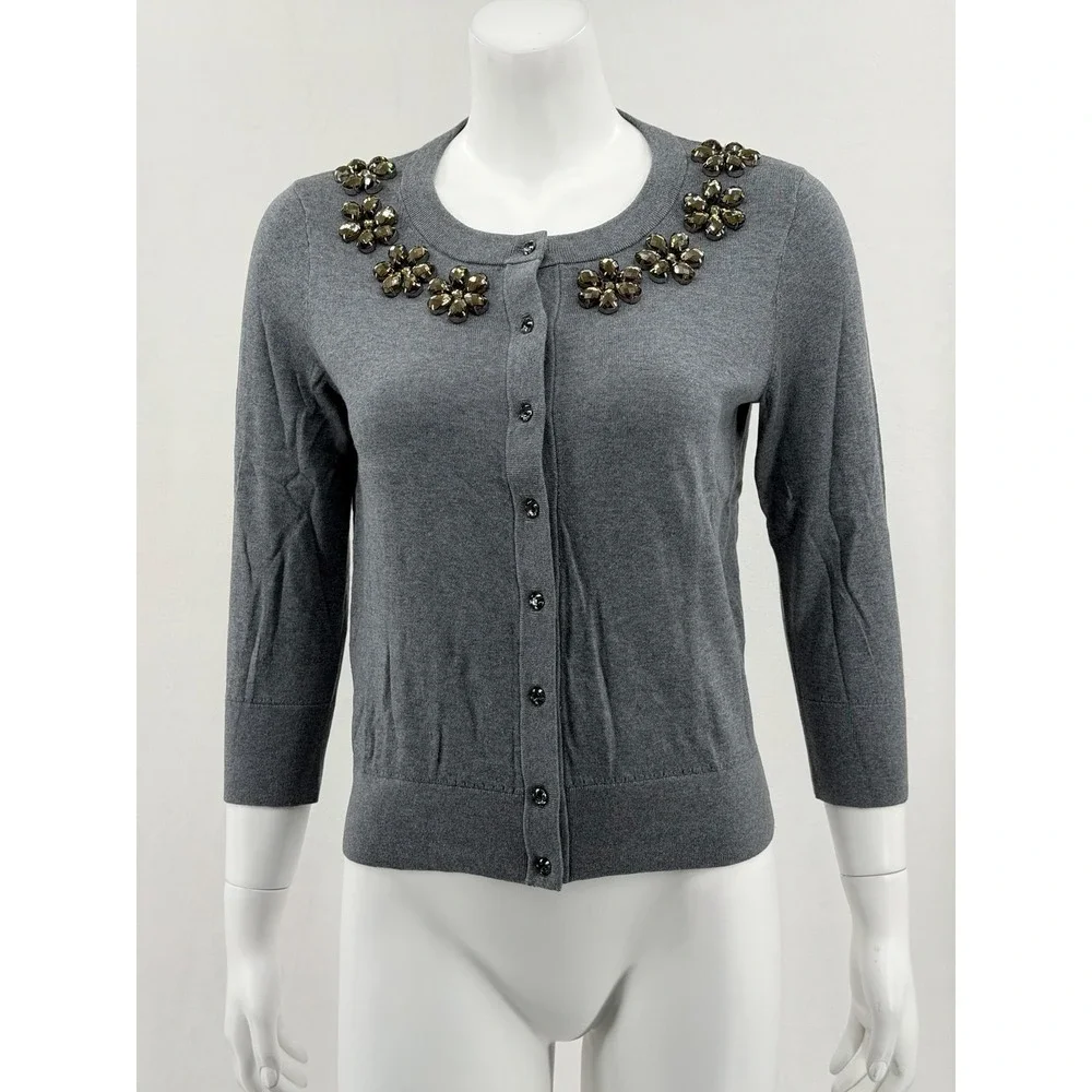 Kate‎ Spade Sweater Womens Small Gray Leni Cardigan Jeweled Preppy Office Work
